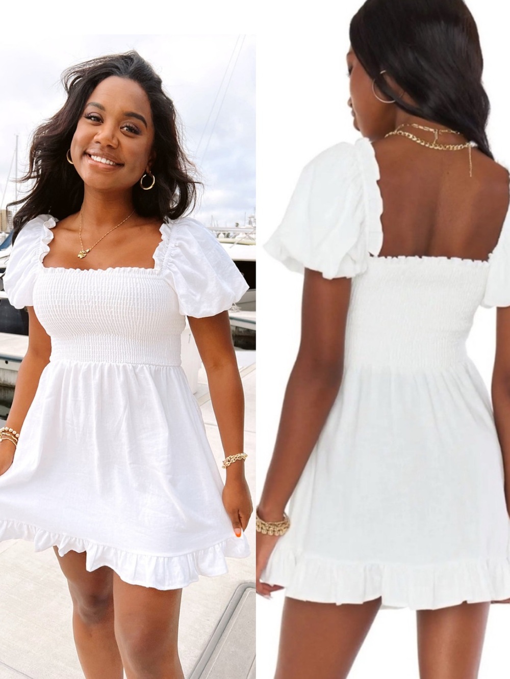 SHOW ME YOUR MUMU Colvin White Smocked Puff-Sleeve Mini Dress linen and rayon S